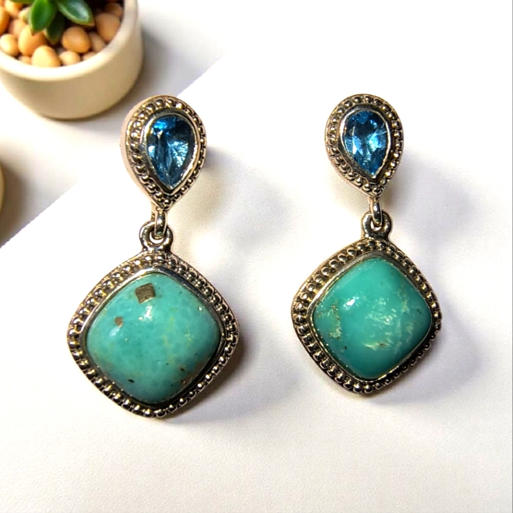 Campo Frio Turquoise, Swiss Blue Topaz And Sterling Silver Dangle Earrings New
